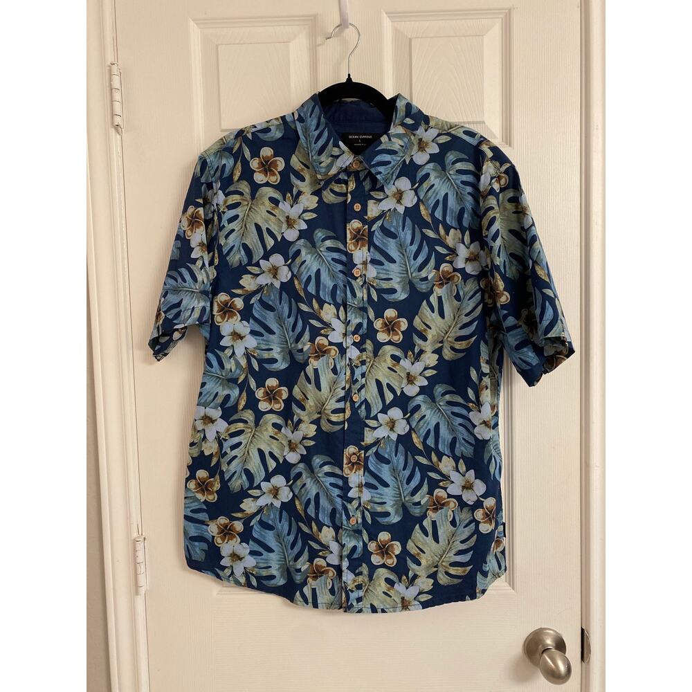 Ocean Current Men's Large Blue Tropical Floral Hawaiian Button Up Shirt Monstera